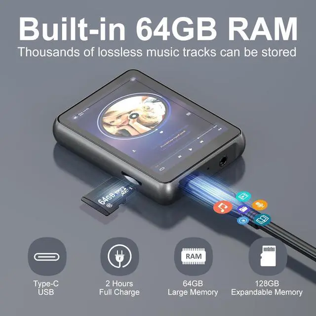 Alt view image 5 of 7 - 64GB MP3 Player Bluetooth 5.3 Touch Screen Music Player Portable mp4 Player with Speakers high Fidelity Lossless Sound Quality 2.4 inch mp3 FM Radio Recording e-Book