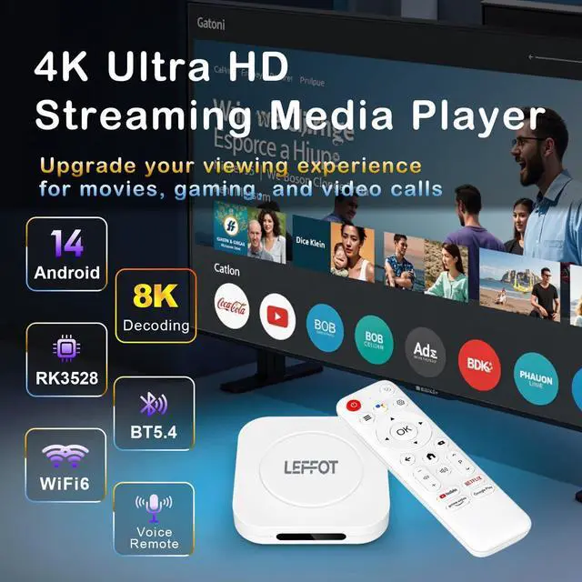 Alt view image 2 of 7 - Android 14 TV Box 2025, LEFFOT M1 Plus 4K Ultra HD Streaming Device for TV, 4GB RAM + 128GB ROM, Android Box with Google Assistant Voice Remote, HDR 10, 2.4G & 5G WiFi 6, BT 5.4, RK3528 Quad-Core A53