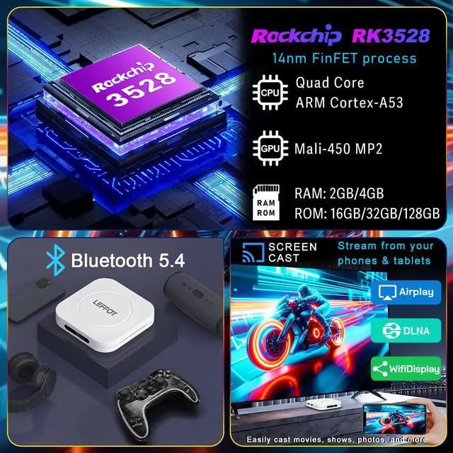 Alt view image 6 of 7 - Android 14 TV Box 2025, LEFFOT M1 Plus 4K Ultra HD Streaming Device for TV, 4GB RAM + 128GB ROM, Android Box with Google Assistant Voice Remote, HDR 10, 2.4G & 5G WiFi 6, BT 5.4, RK3528 Quad-Core A53