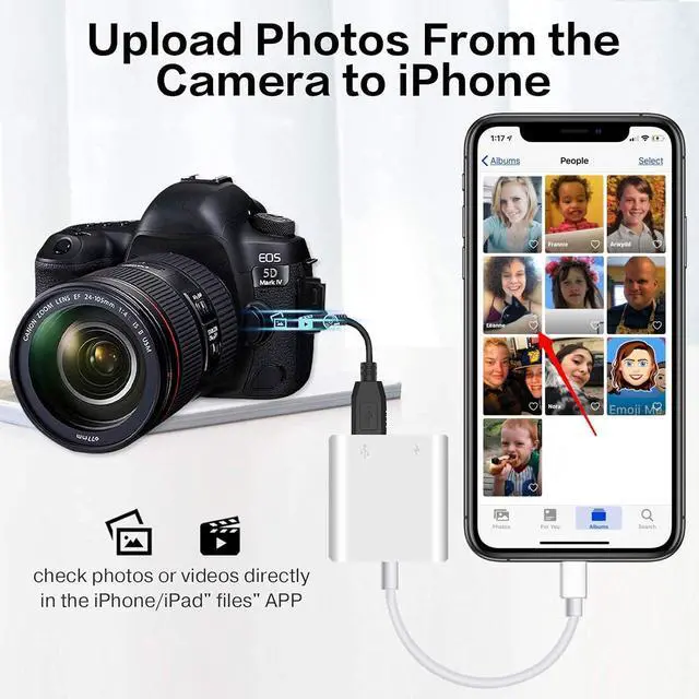 Alt view image 2 of 7 - Apple Lightning to USB Camera Adapter with Charging Port, MFi Certified OTG Cable for iPhone 14 13 12 11XS X 8 iPad to Camera, USB Flash Drive, SSD Hard Drive, Card Reader, MIDI Keyboard