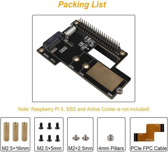 Alt view image 7 of 7 - ZDE ZP511 PCIe to M.2 Key M NVMe HAT SSD Hard Drive Adapter Board PIP PCIe Peripheral Board for Raspberry Pi 5 Support M.2 SSD 2230 2242 2280