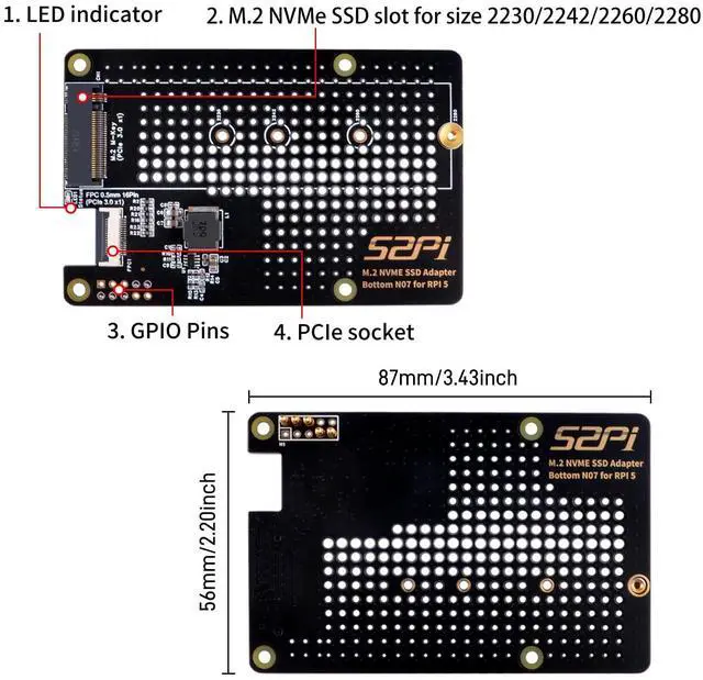 Alt view image 2 of 7 - GeeekPi N07 PCIe M.2 M-Key NVMe SSD PCIe Peripheral Bottom Board for Raspberry Pi 5, Support M.2 Key-M NVMe SSD 2230/2242/2260/2280