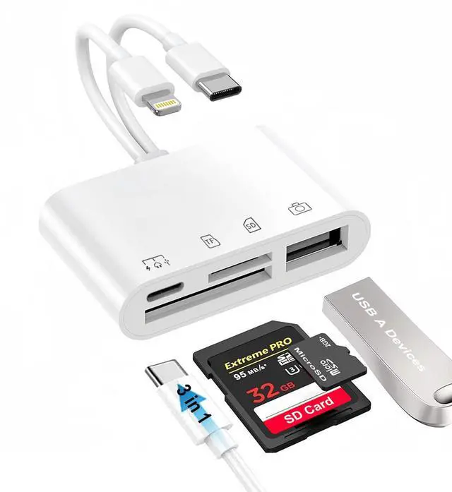 Main image of USB C & Lightning to SD Card Reader for iPhone/iPad/Android, 4-in-1 Memory Card Adapter with USB Female OTG Port Supports SD/MicroSD Cards Camera Adapter Portable Design & Fast Charging Function
