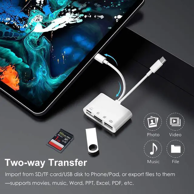 Alt view image 5 of 7 - USB C & Lightning to SD Card Reader for iPhone/iPad/Android, 4-in-1 Memory Card Adapter with USB Female OTG Port Supports SD/MicroSD Cards Camera Adapter Portable Design & Fast Charging Function