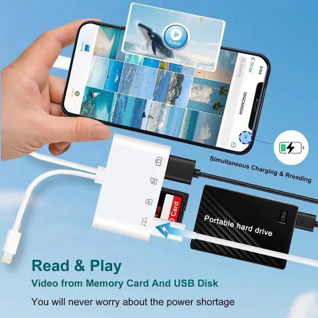 Alt view image 6 of 7 - USB C & Lightning to SD Card Reader for iPhone/iPad/Android, 4-in-1 Memory Card Adapter with USB Female OTG Port Supports SD/MicroSD Cards Camera Adapter Portable Design & Fast Charging Function