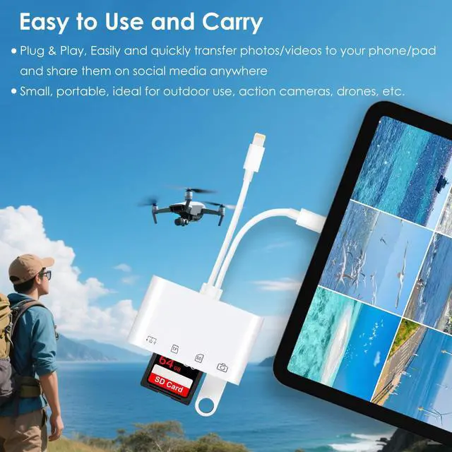 Alt view image 7 of 7 - USB C & Lightning to SD Card Reader for iPhone/iPad/Android, 4-in-1 Memory Card Adapter with USB Female OTG Port Supports SD/MicroSD Cards Camera Adapter Portable Design & Fast Charging Function