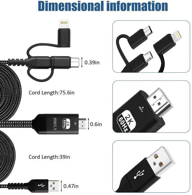 Alt view image 5 of 7 - HHFLY USB-C to HDMI-Compatible 3-in-1 Adapter for iPhone/Android Smartphone, 1080P Mirroring to TV/Monitor/Projector, with Lightning/Micro USB, Portable Digital AV Converter(Not for Car Use)