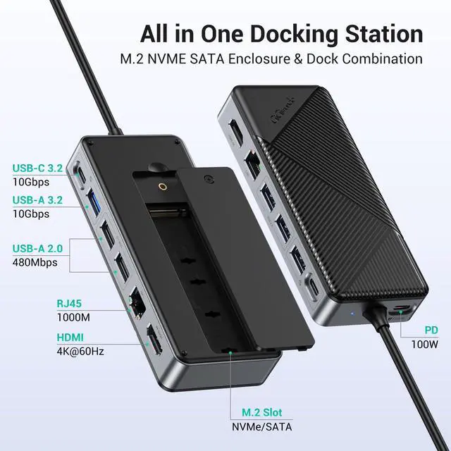 Alt view image 2 of 7 - GiGimundo GM28PR M.2 NVMe SSD Docking Station - 10Gbps Multi Ports USB-C Hub, PD100W, HDMI 4K 60Hz, RJ45 Gigabit Ethernet, M.2 Dock for Laptop Mac, Black