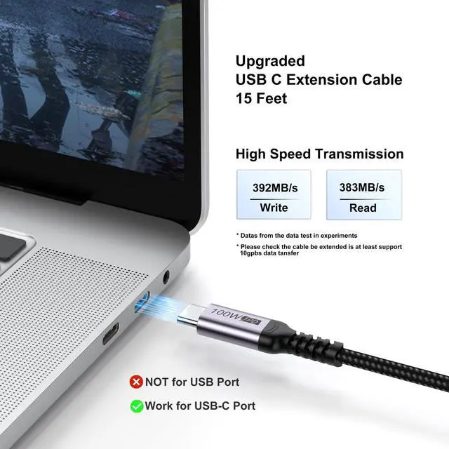 Alt view image 2 of 7 - USB C Extension Cable 15ft, USBC Type C Male to Female 5Gbps Data Transfer/100W Charging/4K@60Hz Display Cord Extender USB3.2 Gen2 for Laptop Tablet Mobile Phone and More