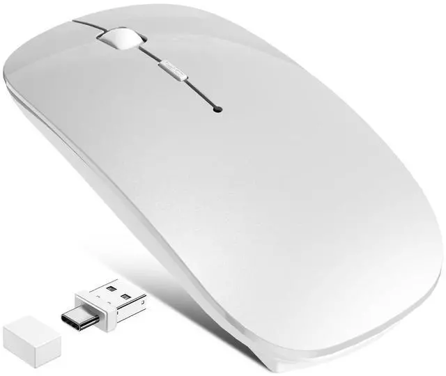 Main image of Bluetooth Wireless Laptop Mouse for MacBook Air iPad Mac, 2.4G Rechargeable Computer Mouse with Jiggler Mode, Silent Optical 2 Mode Bluetooth 5.2/3.0 & 2.4G USB-A/Type C Portable Mice, Silver