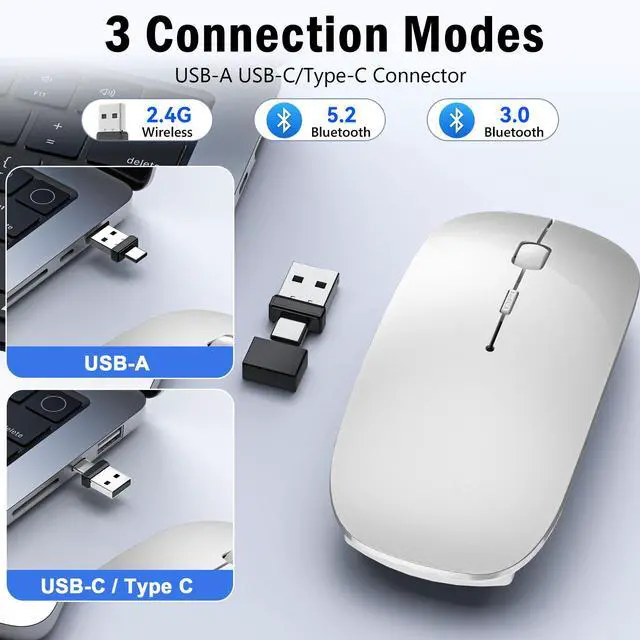 Alt view image 2 of 7 - Bluetooth Wireless Laptop Mouse for MacBook Air iPad Mac, 2.4G Rechargeable Computer Mouse with Jiggler Mode, Silent Optical 2 Mode Bluetooth 5.2/3.0 & 2.4G USB-A/Type C Portable Mice, Silver