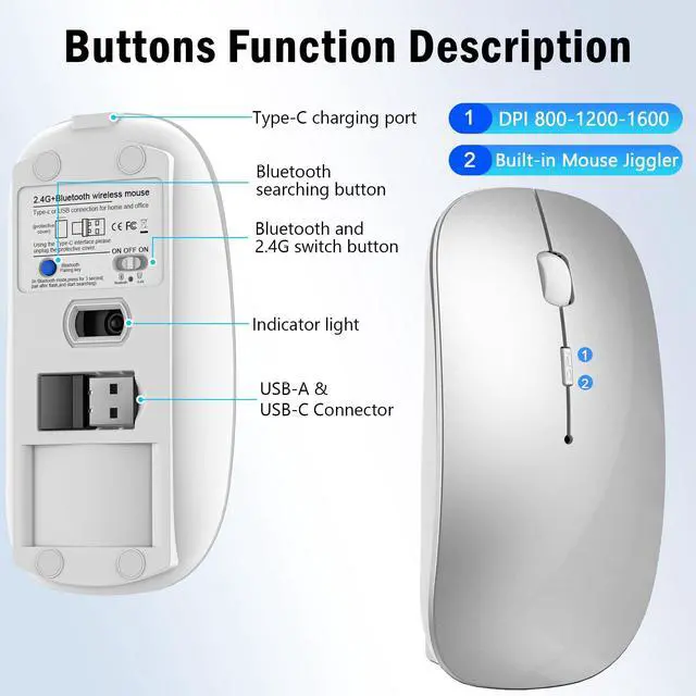 Alt view image 5 of 7 - Bluetooth Wireless Laptop Mouse for MacBook Air iPad Mac, 2.4G Rechargeable Computer Mouse with Jiggler Mode, Silent Optical 2 Mode Bluetooth 5.2/3.0 & 2.4G USB-A/Type C Portable Mice, Silver