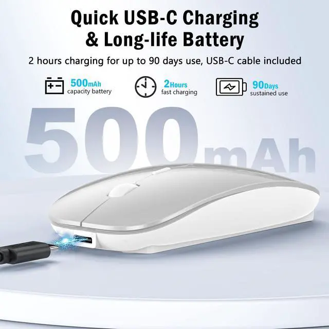 Alt view image 4 of 7 - Bluetooth Wireless Laptop Mouse for MacBook Air iPad Mac, 2.4G Rechargeable Computer Mouse with Jiggler Mode, Silent Optical 2 Mode Bluetooth 5.2/3.0 & 2.4G USB-A/Type C Portable Mice, Silver