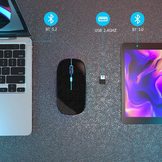 Alt view image 4 of 7 - AIKOKOK Wireless Bluetooth Mouse Rechargeable Laptop Mice with LED Use Portable(BT5.2 and USB 2.4G) Dual Mode Connection Silent Slim Computer Mouse for Laptop/iPad Tablet/Apple MacBook/PC(Pearl Black)