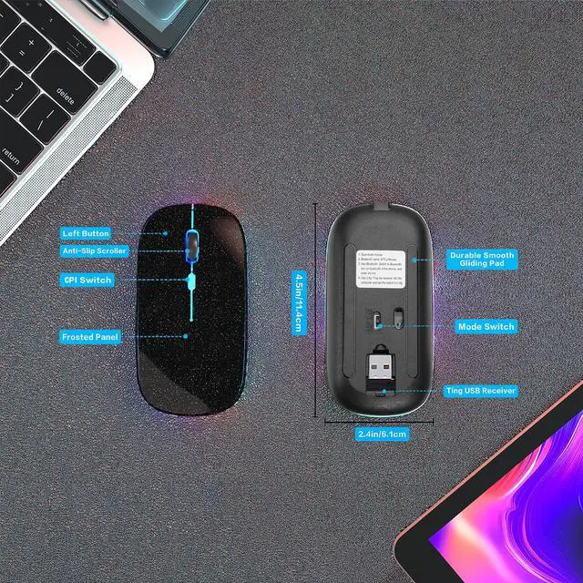 Alt view image 5 of 7 - AIKOKOK Wireless Bluetooth Mouse Rechargeable Laptop Mice with LED Use Portable(BT5.2 and USB 2.4G) Dual Mode Connection Silent Slim Computer Mouse for Laptop/iPad Tablet/Apple MacBook/PC(Pearl Black)