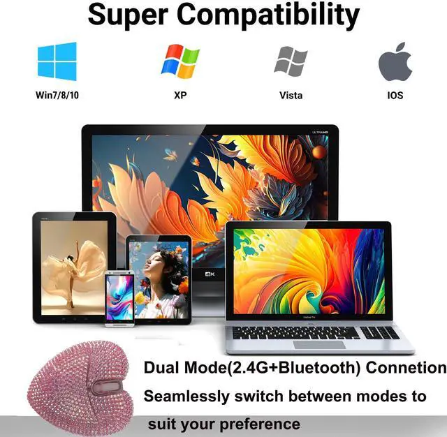 Alt view image 6 of 6 - Wireless Bluetooth Mouse Cute Pink Love Heart Shinning Led Light Silent Portable Lightweight USB Optical Cordless Dual Mode Mice for PC Laptop Computer Tablet Mac MacBook Pro Kids Girls Women Gift