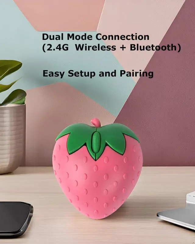 Alt view image 5 of 6 - Wireless Bluetooth Mouse Cute Pink Fruit Strawberry Shape Silent Portable Lightweight USB Optical Cordless Dual Mode Mice for PC Laptop Computer Tablet Mac MacBook Pro Desktop Kids Girls Women Gift