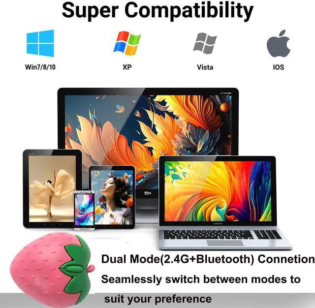 Alt view image 6 of 6 - Wireless Bluetooth Mouse Cute Pink Fruit Strawberry Shape Silent Portable Lightweight USB Optical Cordless Dual Mode Mice for PC Laptop Computer Tablet Mac MacBook Pro Desktop Kids Girls Women Gift