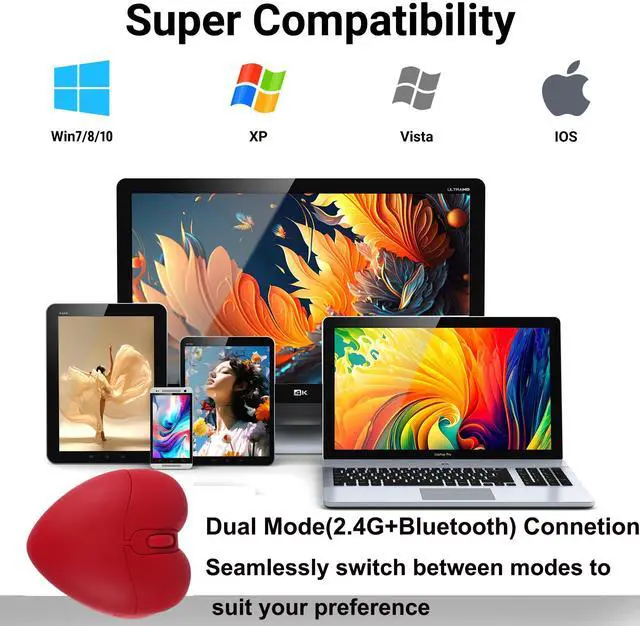 Alt view image 5 of 5 - Wireless Bluetooth Mouse Cute Red Love Heart Shape Silent Portable Lightweight Quiet USB Optical Cordless Dual Mode Mice for PC Laptop Computer Tablet Mac MacBook Pro Desktop Kids Girls Women Gift