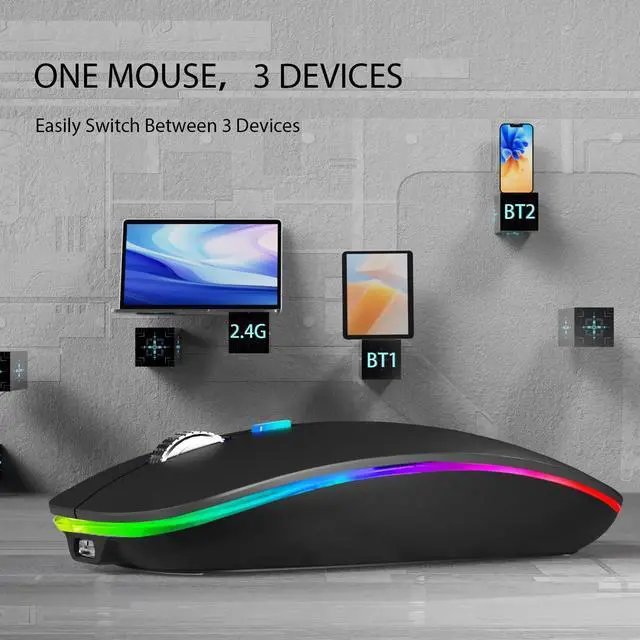 Alt view image 3 of 7 - TENMOS Wireless Bluetooth Mouse, LED Slim (Bluetooth 5.1/5.0 + USB) 2.4GHz Rechargeable Silent Bluetooth Wireless Mouse with Type C Adapter for Laptop/MacBook/iPad OS 13 and Above (Matte Black)