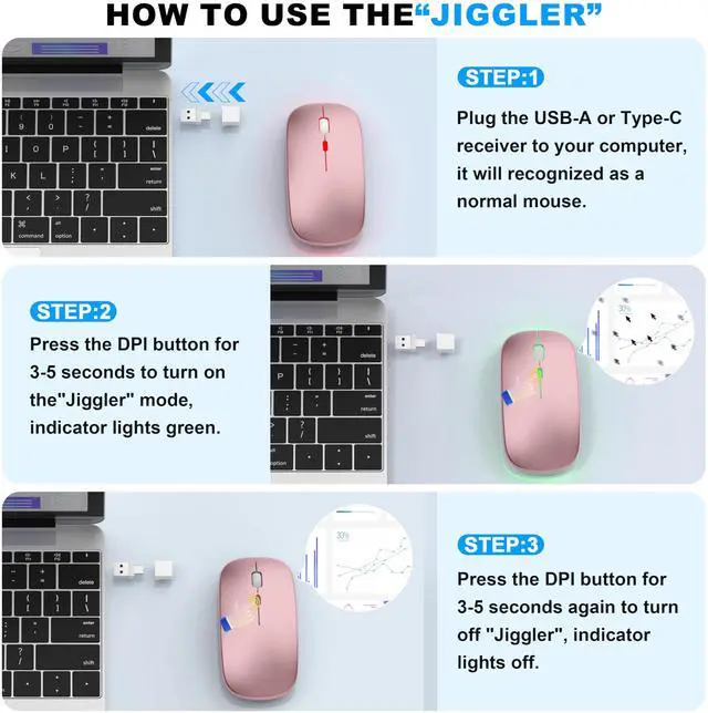 Alt view image 6 of 7 - Mouse for MacBook, LED Bluetooth Wireless Mouse for MacBook Air PC iPad, Silent Rechargeable Mice 3 Mode Bluetooth 5.2 & 2.4G USB-A/USB-C Receiver, Portable Mouse with Jiggler Mode, Rose Gold