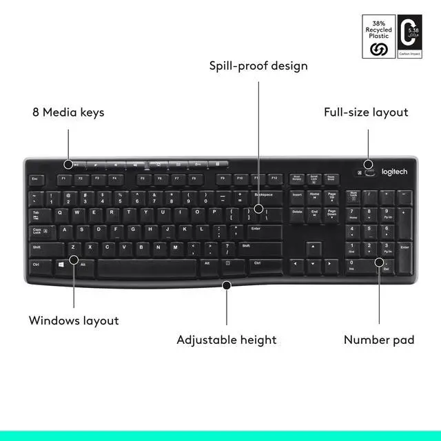 Alt view image 7 of 7 - K270 Wireless Keyboard for Windows, 2.4 GHz Wireless, Full-Size, Number Pad, 8 Multimedia Keys, 2-Year Battery Life, Compatible with PC, Laptop, Black