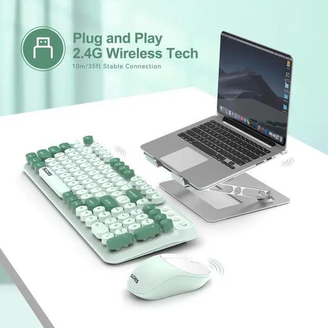Alt view image 2 of 7 - Wireless Keyboard and Mouse,Cute Retro Typewriter Computer Keyboard and Mouse Sets,Full Size 2.4G Cordless Colorful Round Keycaps Keyboard with Silent Mouse for PC Windows Laptop Office-Multi Green