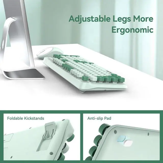 Alt view image 3 of 7 - Wireless Keyboard and Mouse,Cute Retro Typewriter Computer Keyboard and Mouse Sets,Full Size 2.4G Cordless Colorful Round Keycaps Keyboard with Silent Mouse for PC Windows Laptop Office-Multi Green