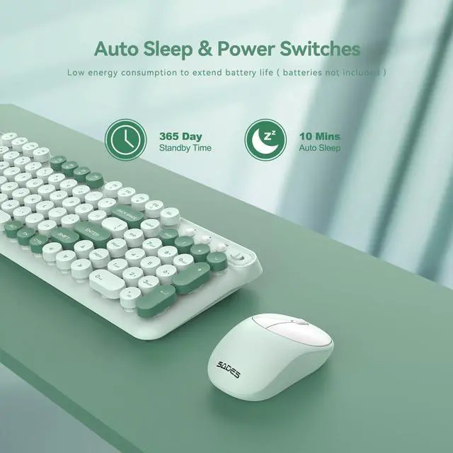 Alt view image 5 of 7 - Wireless Keyboard and Mouse,Cute Retro Typewriter Computer Keyboard and Mouse Sets,Full Size 2.4G Cordless Colorful Round Keycaps Keyboard with Silent Mouse for PC Windows Laptop Office-Multi Green