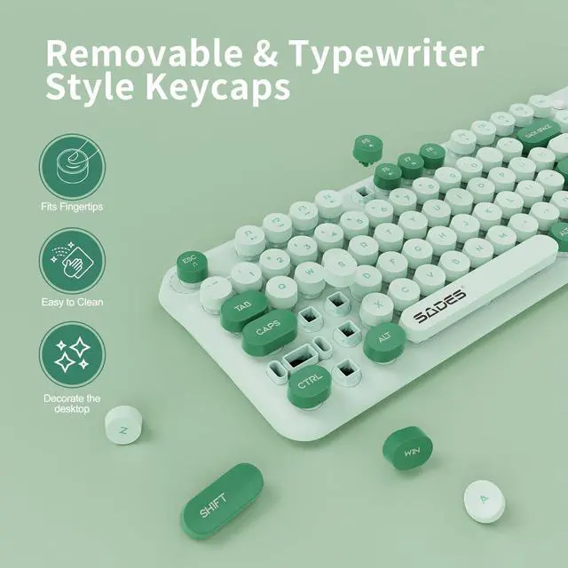 Alt view image 6 of 7 - Wireless Keyboard and Mouse,Cute Retro Typewriter Computer Keyboard and Mouse Sets,Full Size 2.4G Cordless Colorful Round Keycaps Keyboard with Silent Mouse for PC Windows Laptop Office-Multi Green