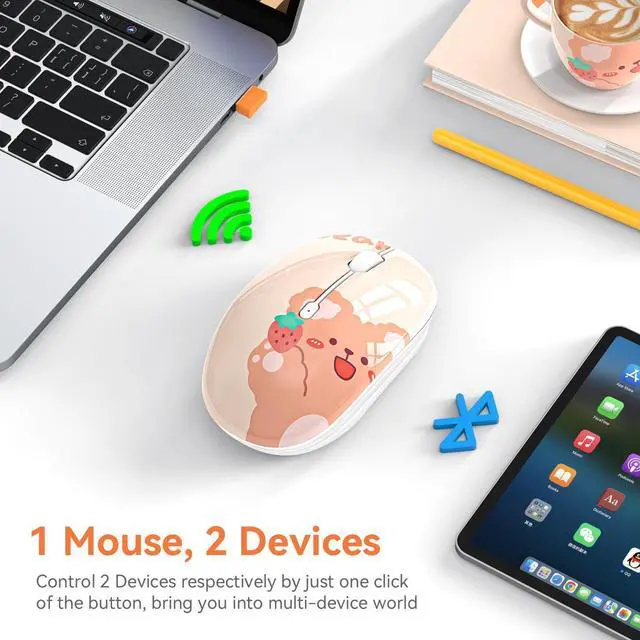 Alt view image 2 of 7 - FMOUSE Cute Bluetooth Wireless Mouse with 2.4GHz USB Receiver, Silent Clicks, AA-Battery Powered, Durable, Lovely Cartoon Mice, Ideal for Kids, Students, Teens on Laptops, Mac, iPad, PC (Kerry Bear)