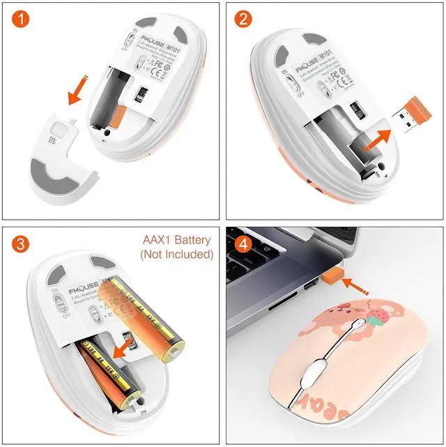 Alt view image 4 of 7 - FMOUSE Cute Bluetooth Wireless Mouse with 2.4GHz USB Receiver, Silent Clicks, AA-Battery Powered, Durable, Lovely Cartoon Mice, Ideal for Kids, Students, Teens on Laptops, Mac, iPad, PC (Kerry Bear)