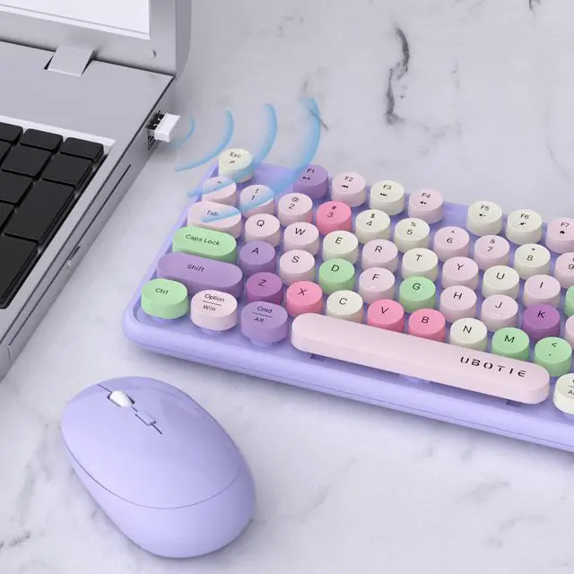 Alt view image 3 of 6 - UBOTIE Colorful Computer Wireless Keyboard Mouse Combos, Typewriter Flexible Keys Office Full-Sized Keyboard, 2.4GHz Dropout-Free Connection and Optical Mouse (Purple-Colorful)