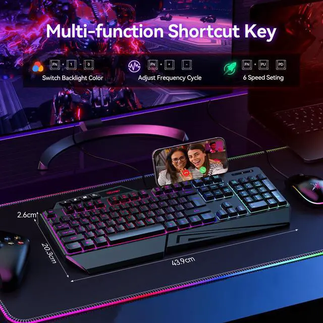 Alt view image 7 of 7 - Wired RGB Gaming Keyboard - 26-Key Anti-Ghosting, 13 Lighting Modes, Spill-Resistant, 108 Membrane Keys, Plug & Play - with Ergonomic Wrist Rest & Phone Holder for Windows/Mac (Black)