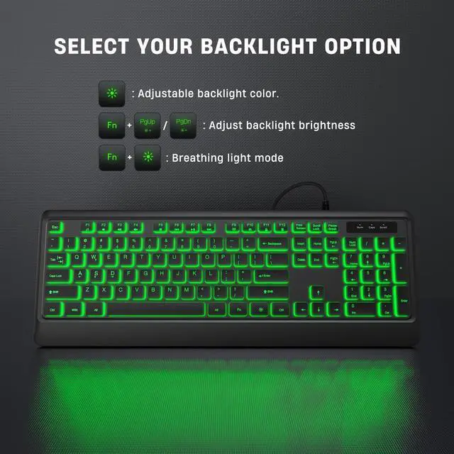 Alt view image 5 of 7 - Luzarriba Backlit Computer Keyboards, Wired USB LED Keyboard with 7 Colors Backlight, Plug and Play, Waterproof, Full Size Quiet Computer Keyboard for Windows Desktop, PC, Laptop, Gaming