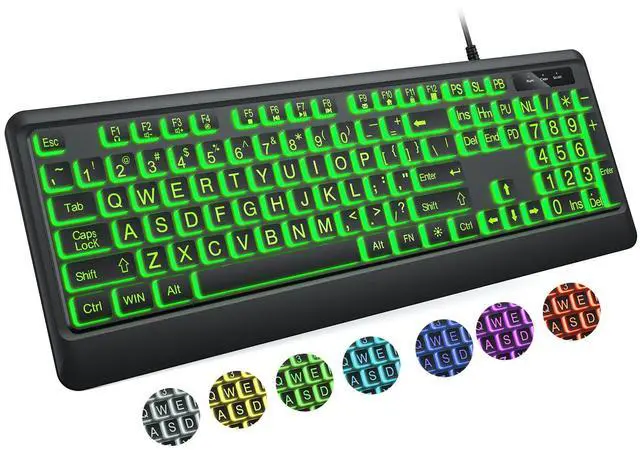 Main image of KOPJIPPOM Large Print Keyboard - 7 Interchangeable Backlight Colors, Light Up USB Wired Computer Keyboards, USB Plug-and-Play, Foldable Stands, Corded Full Size Keyboard for Windows, PC, Laptop
