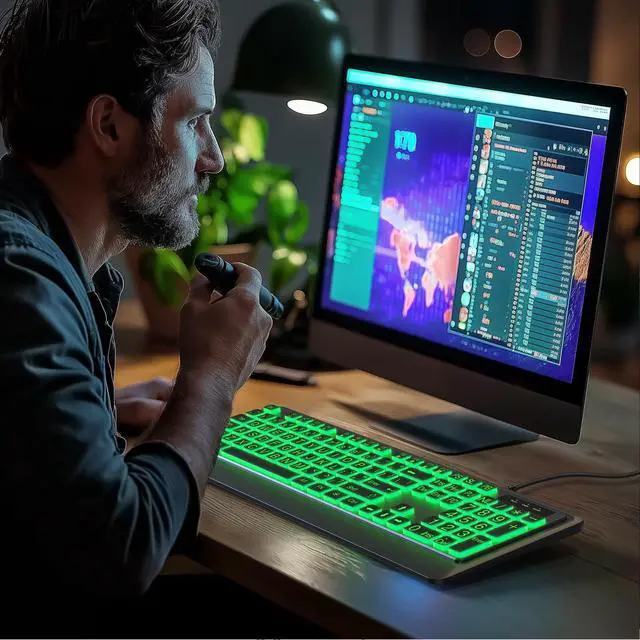 Alt view image 6 of 7 - KOPJIPPOM Large Print Keyboard - 7 Interchangeable Backlight Colors, Light Up USB Wired Computer Keyboards, USB Plug-and-Play, Foldable Stands, Corded Full Size Keyboard for Windows, PC, Laptop