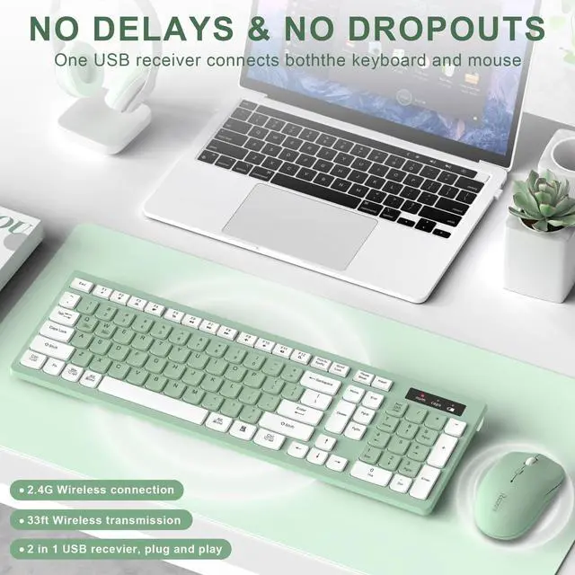 Alt view image 2 of 7 - Wireless Keyboard and Mouse Combo, Full-Sized Wireless Keyboard and Adjustable DPI Mouse, 2.4GHz USB Receiver, Silent Keyboard and Mouse for PC, Windows, MAC, Desktop, Laptop (Avocado Green)