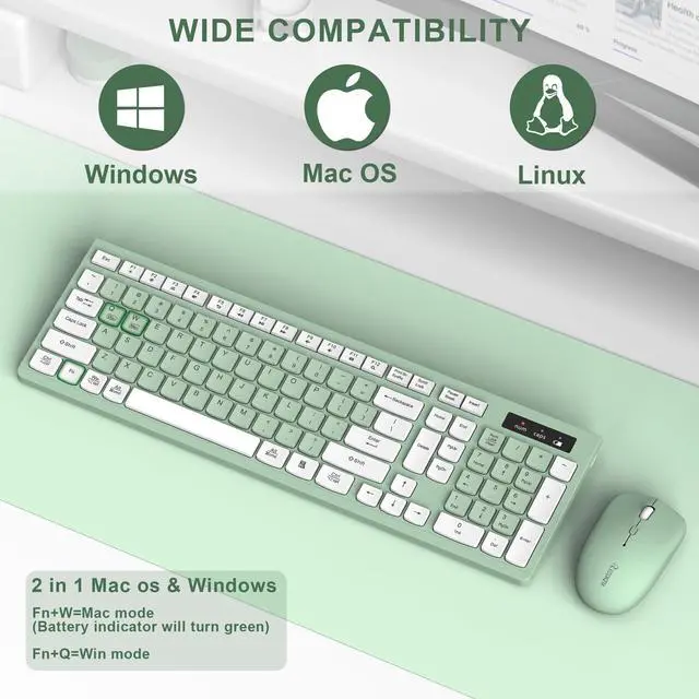Alt view image 4 of 7 - Wireless Keyboard and Mouse Combo, Full-Sized Wireless Keyboard and Adjustable DPI Mouse, 2.4GHz USB Receiver, Silent Keyboard and Mouse for PC, Windows, MAC, Desktop, Laptop (Avocado Green)