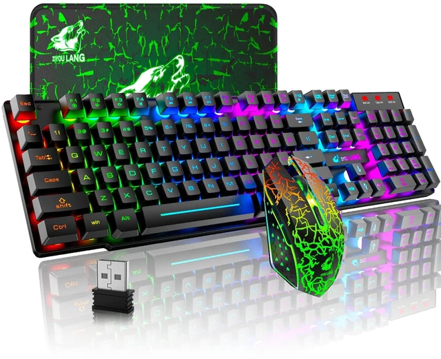 Main image of Wireless Gaming Keyboard and Mouse Combo with Mouse Pad, Black | 4,000mAh Battery, Up to 75H, Rainbow Backlight, 29-Key Anti-Ghosting, Mechanical Feel, 2,400 DPI, 6 Buttons, USB Receiver