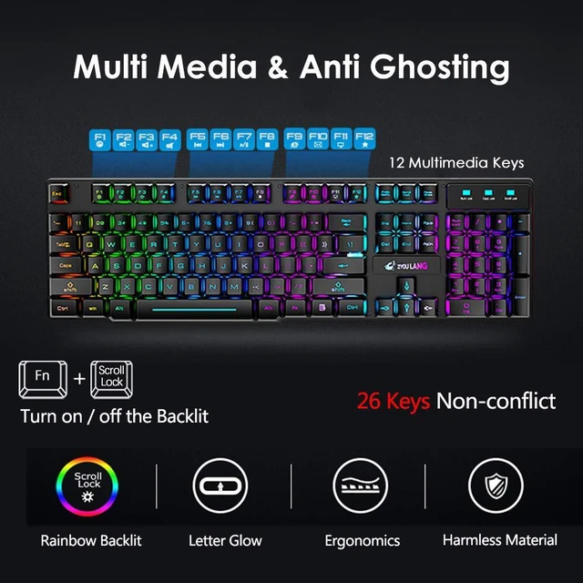 Alt view image 4 of 6 - Wireless Gaming Keyboard and Mouse Combo with Mouse Pad, Black | 4,000mAh Battery, Up to 75H, Rainbow Backlight, 29-Key Anti-Ghosting, Mechanical Feel, 2,400 DPI, 6 Buttons, USB Receiver