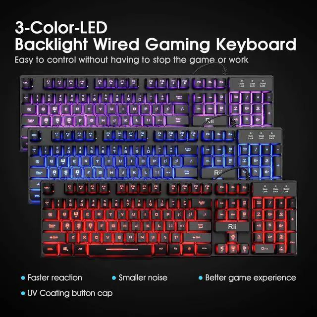 Alt view image 2 of 7 - Rii RK100 3 Colors LED Backlit Mechanical Feeling USB Wired Multimedia Gaming Keyboard, Office Keyboard for Working or Primer Gaming,Office Device