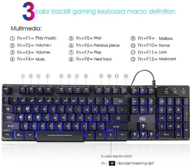 Alt view image 5 of 7 - Rii RK100 3 Colors LED Backlit Mechanical Feeling USB Wired Multimedia Gaming Keyboard, Office Keyboard for Working or Primer Gaming,Office Device