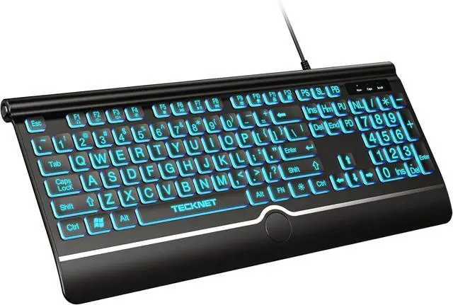 Main image of TECKNET Large Print Backlit Keyboard, Wired USB-A Computer Keyboard with Wrist Rest, 7-Color Backlit, Oversized Letter Keys Easy to See, Plug-and-Play, Silent, LED Compatible for Windows/PC/Laptop