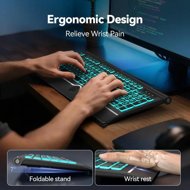Alt view image 5 of 7 - TECKNET Large Print Backlit Keyboard, Wired USB-A Computer Keyboard with Wrist Rest, 7-Color Backlit, Oversized Letter Keys Easy to See, Plug-and-Play, Silent, LED Compatible for Windows/PC/Laptop