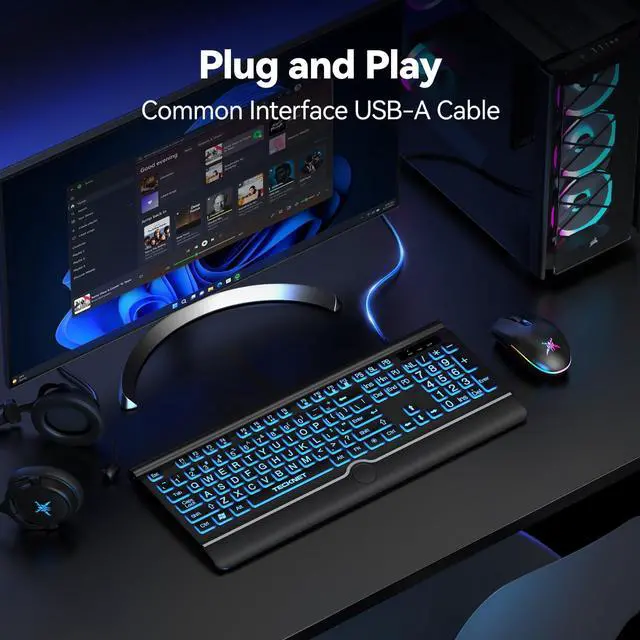 Alt view image 4 of 7 - TECKNET Large Print Backlit Keyboard, Wired USB-A Computer Keyboard with Wrist Rest, 7-Color Backlit, Oversized Letter Keys Easy to See, Plug-and-Play, Silent, LED Compatible for Windows/PC/Laptop