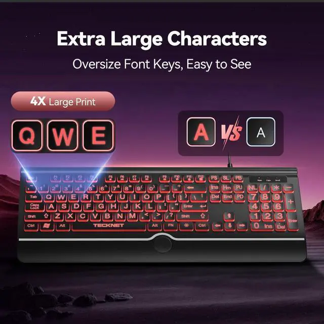 Alt view image 2 of 7 - TECKNET Large Print Backlit Keyboard, Wired USB-A Computer Keyboard with Wrist Rest, 7-Color Backlit, Oversized Letter Keys Easy to See, Plug-and-Play, Silent, LED Compatible for Windows/PC/Laptop