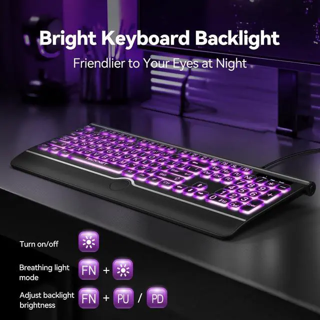 Alt view image 3 of 7 - TECKNET Large Print Backlit Keyboard, Wired USB-A Computer Keyboard with Wrist Rest, 7-Color Backlit, Oversized Letter Keys Easy to See, Plug-and-Play, Silent, LED Compatible for Windows/PC/Laptop