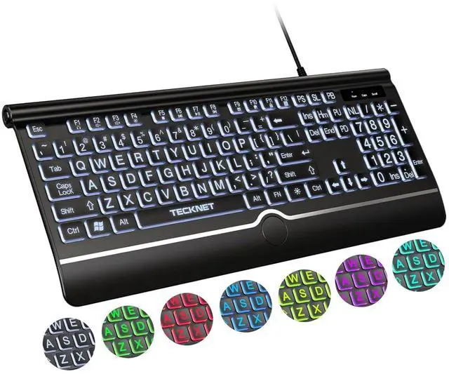 Alt view image 7 of 7 - TECKNET Large Print Backlit Keyboard, Wired USB-A Computer Keyboard with Wrist Rest, 7-Color Backlit, Oversized Letter Keys Easy to See, Plug-and-Play, Silent, LED Compatible for Windows/PC/Laptop