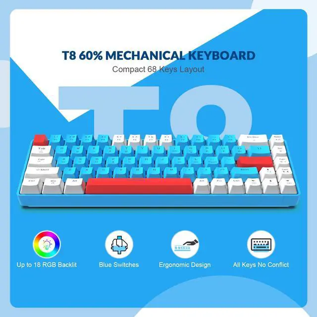 Alt view image 2 of 7 - ZIYOU LANG RK-T8 Wired 65% Mechanical Gaming Keyboard with RGB LED Backlit Anti-ghosting TKL Mini 68 Key Custom Coiled C to A Cable Tactile Blue Switch for PS4 PS5 Xbox PC Mac Gamer(White/Blue/Red)